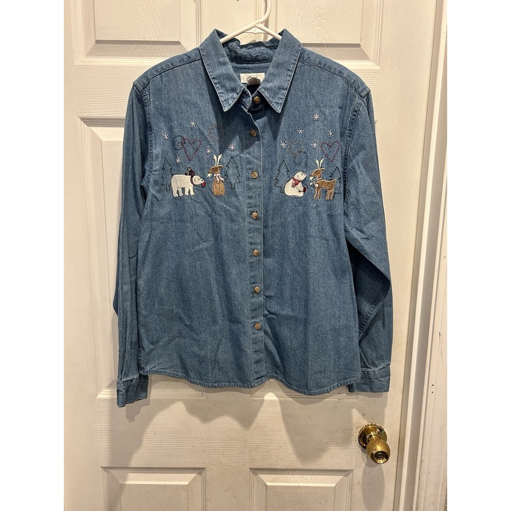 Christopher & Banks Womens Large Blue Denim Embroidered Christmas Winter Shirt